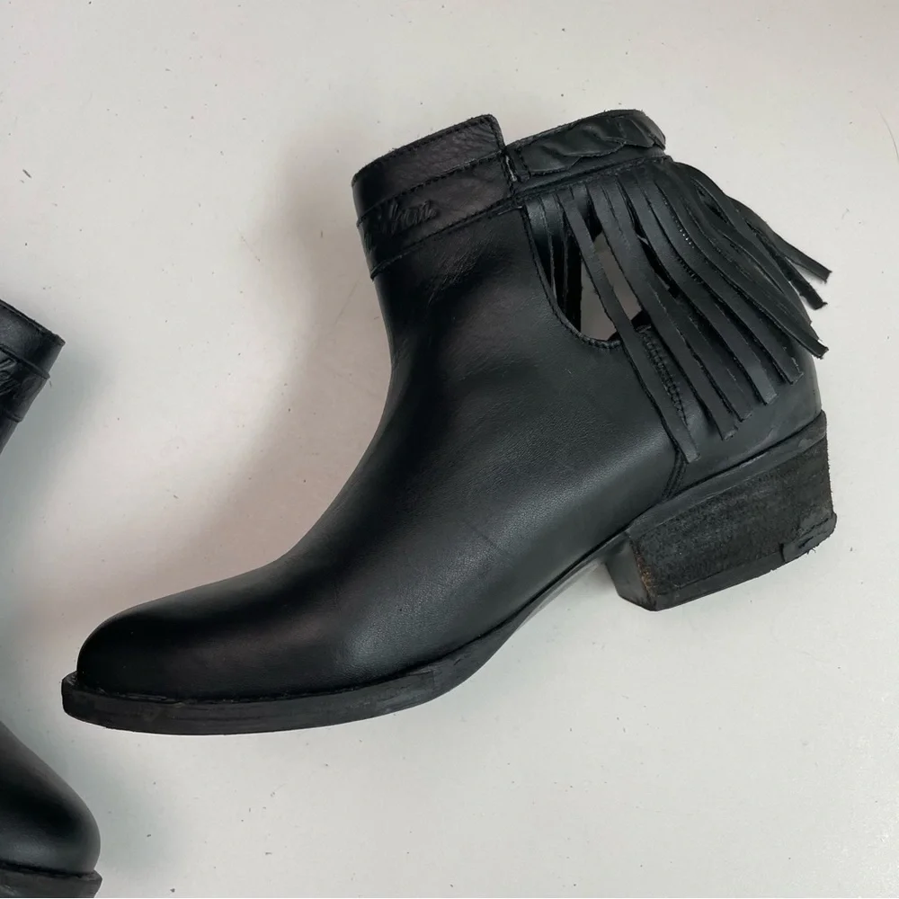 Harley Davidson Boots Amory Heeled Leather Ankle Fringe Buckle Braided Black - Picture 8 of 16